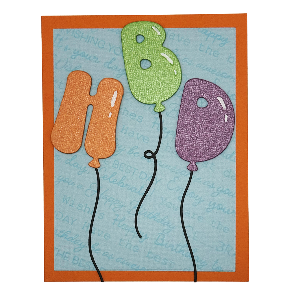 HBD birthday card front view with orange H, green B, and purple D balloon letters