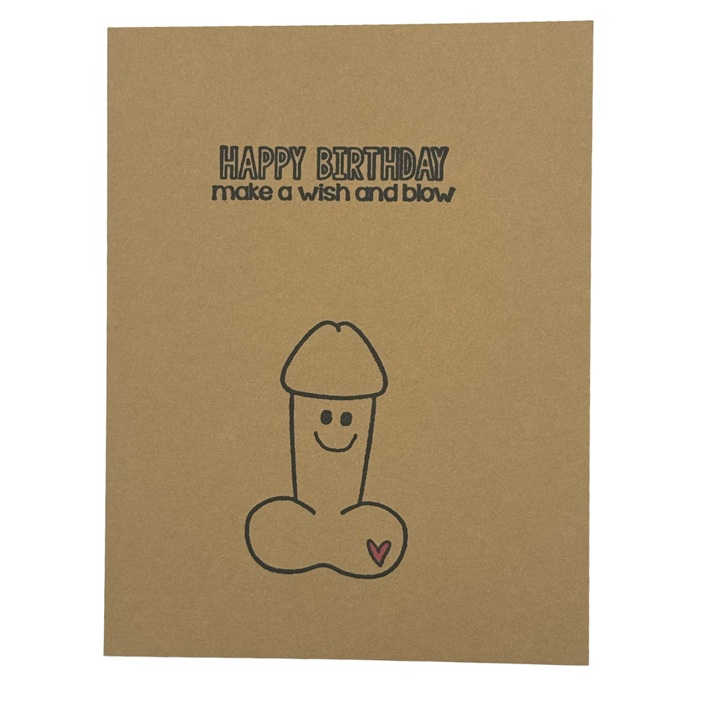 Happy Birthday make a wish and blow naughty greeting card front on kraft card stock