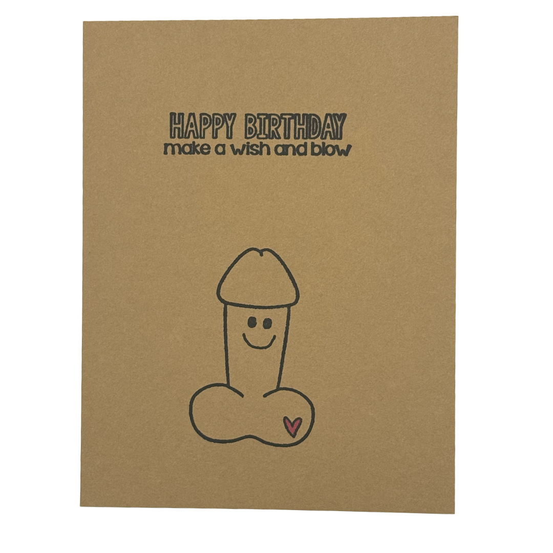 Happy Birthday make a wish and blow naughty greeting card front on kraft card stock