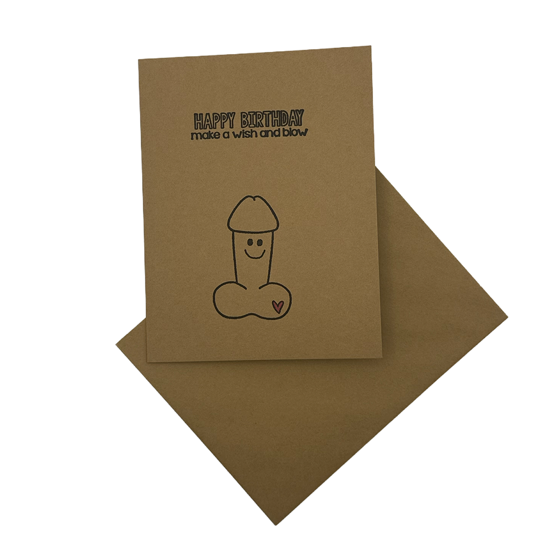 Happy Birthday make a wish and blow card shown with matching kraft envelope
