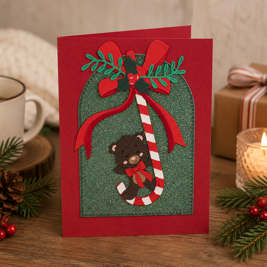 Hanging Around for Christmas, Handcrafted Interactive Teddy Bear Card