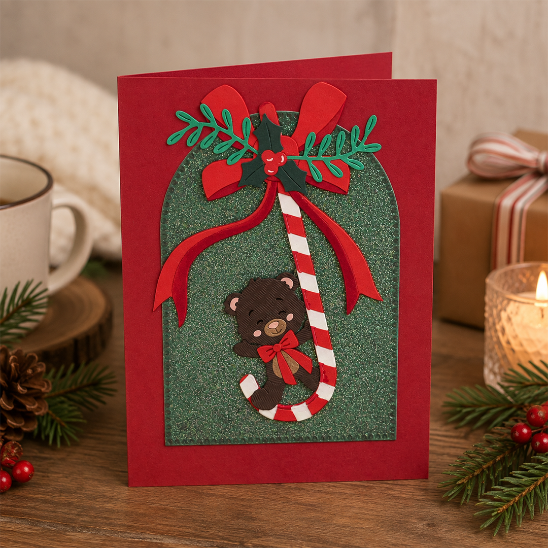 Hanging Around for Christmas, Handcrafted Interactive Teddy Bear Card
