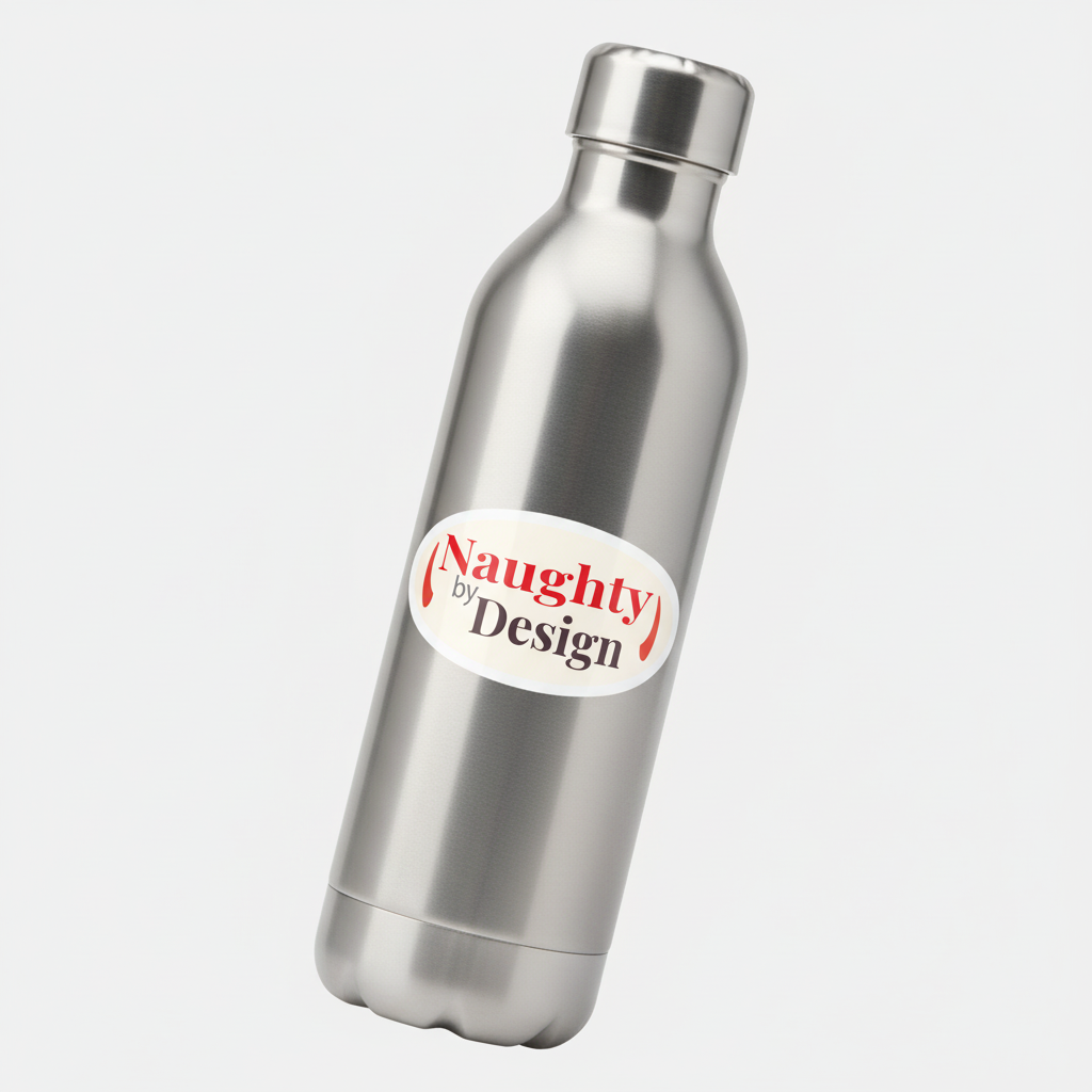 Naughty by Design sticker on water bottle