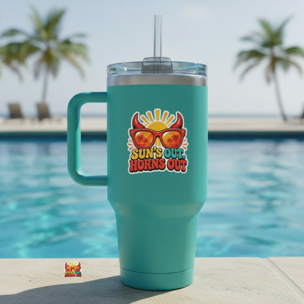 Sun's Out Horns Out sticker - smaller on tumbler